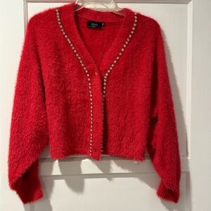 Vici Vibrant Red Fuzzy Cardigan with Stud Accents